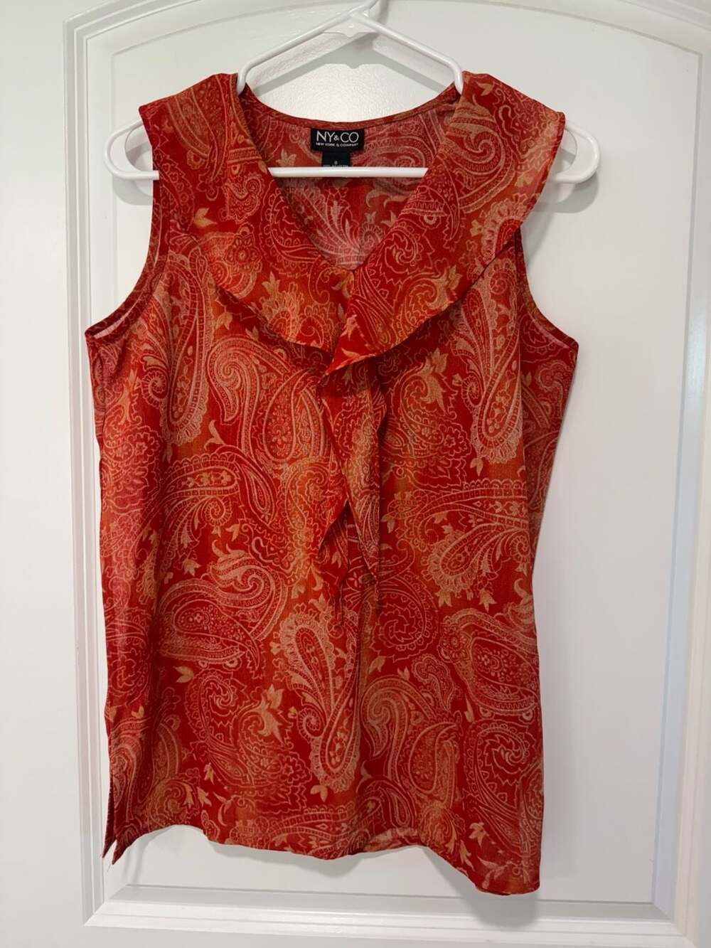 Boho Paisley Ruffle Blouse Sleeveless Draped Neckline Rust Orange Women’s Size S